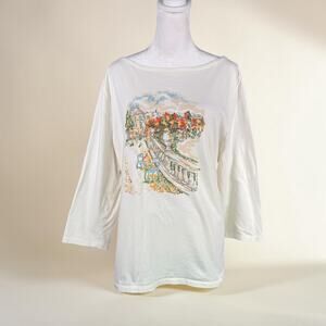 Talbots Plus 2X 3/4 Sleeve Top Tee Cream French Country House Scene 100% Cotton